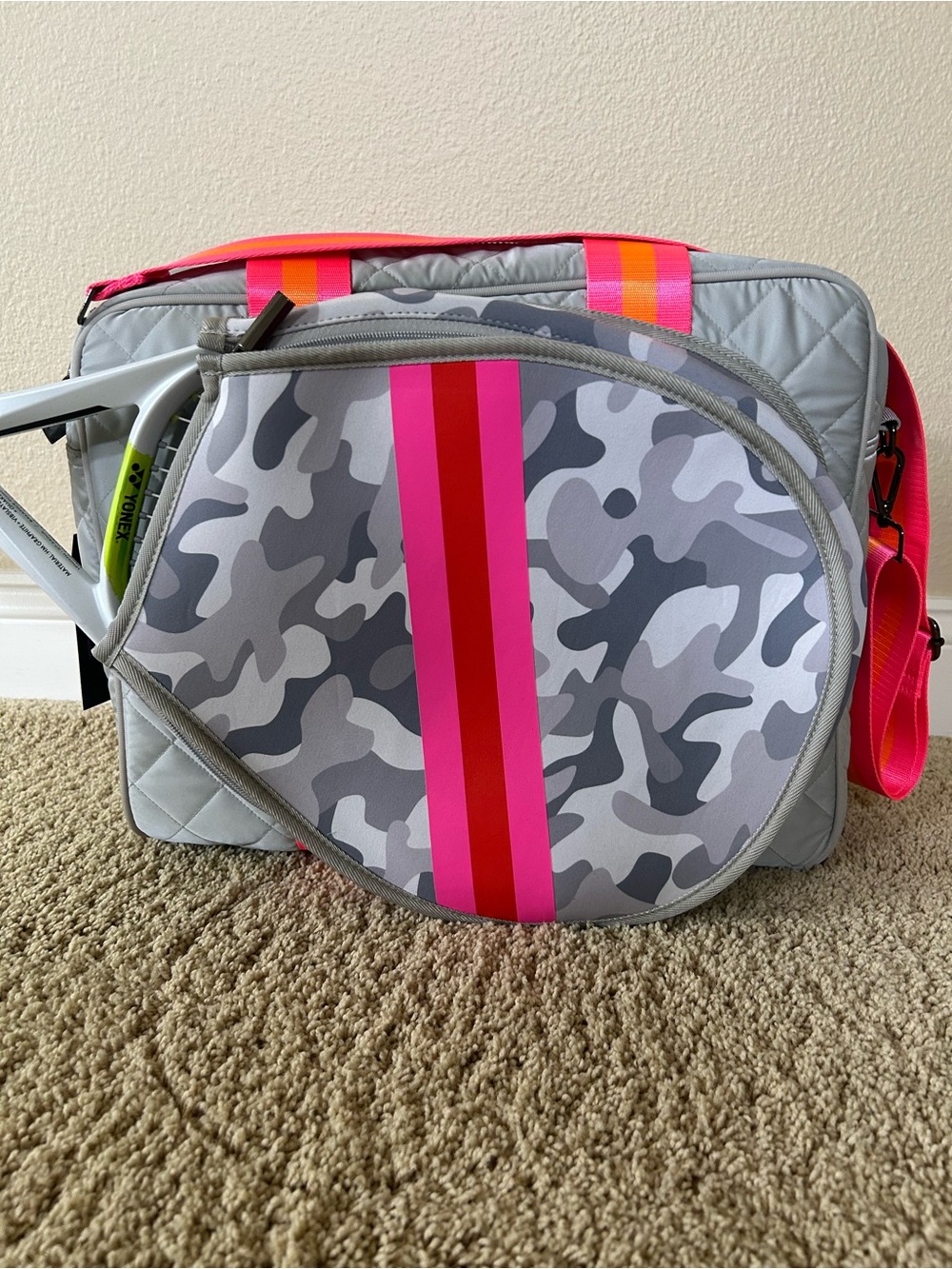 HAUTE SHORE Gray Camo Travel Bag with Pink & Red Stripes